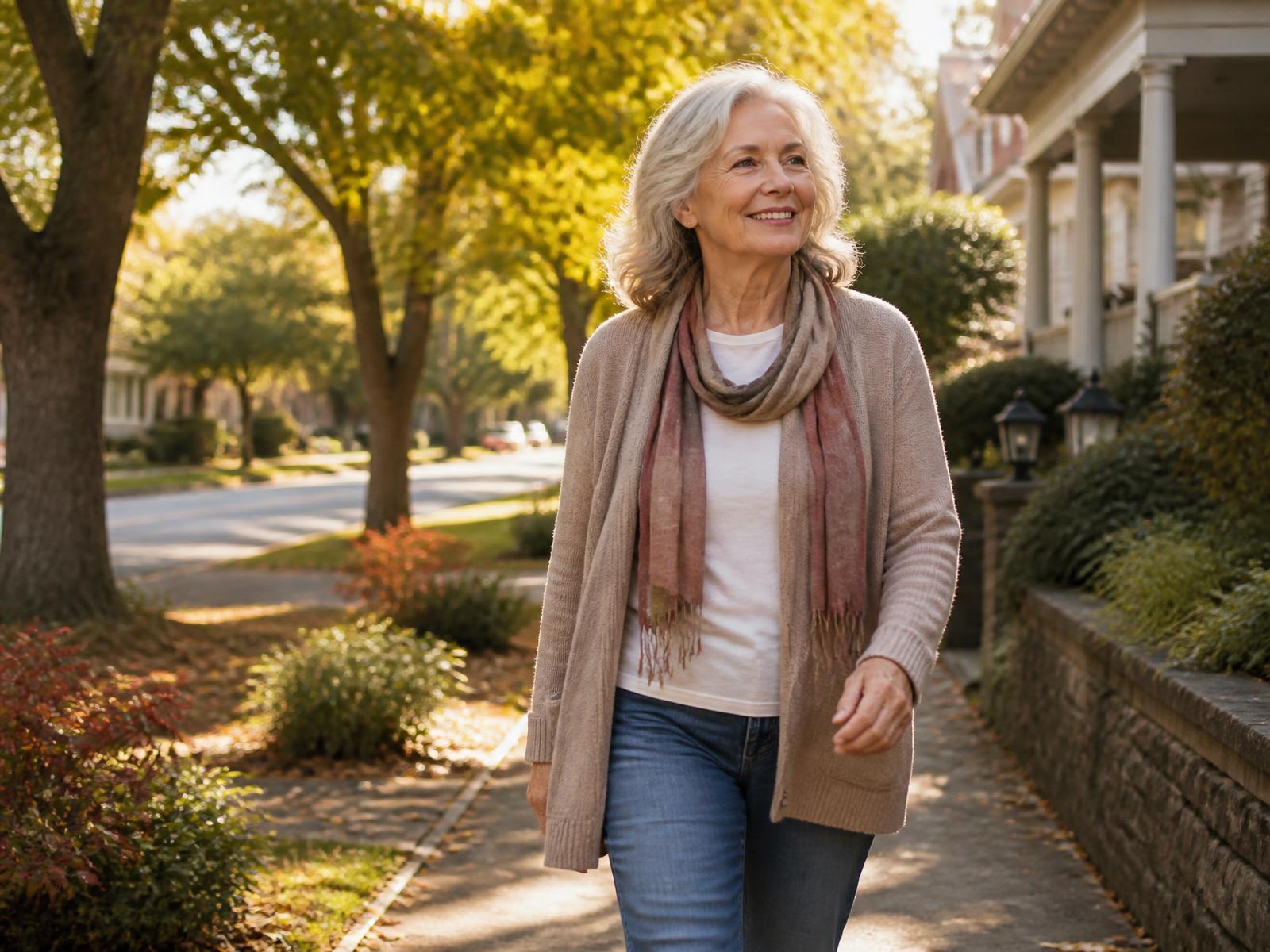 An older woman walking confidently outdoors on a bright day in her neighborhood