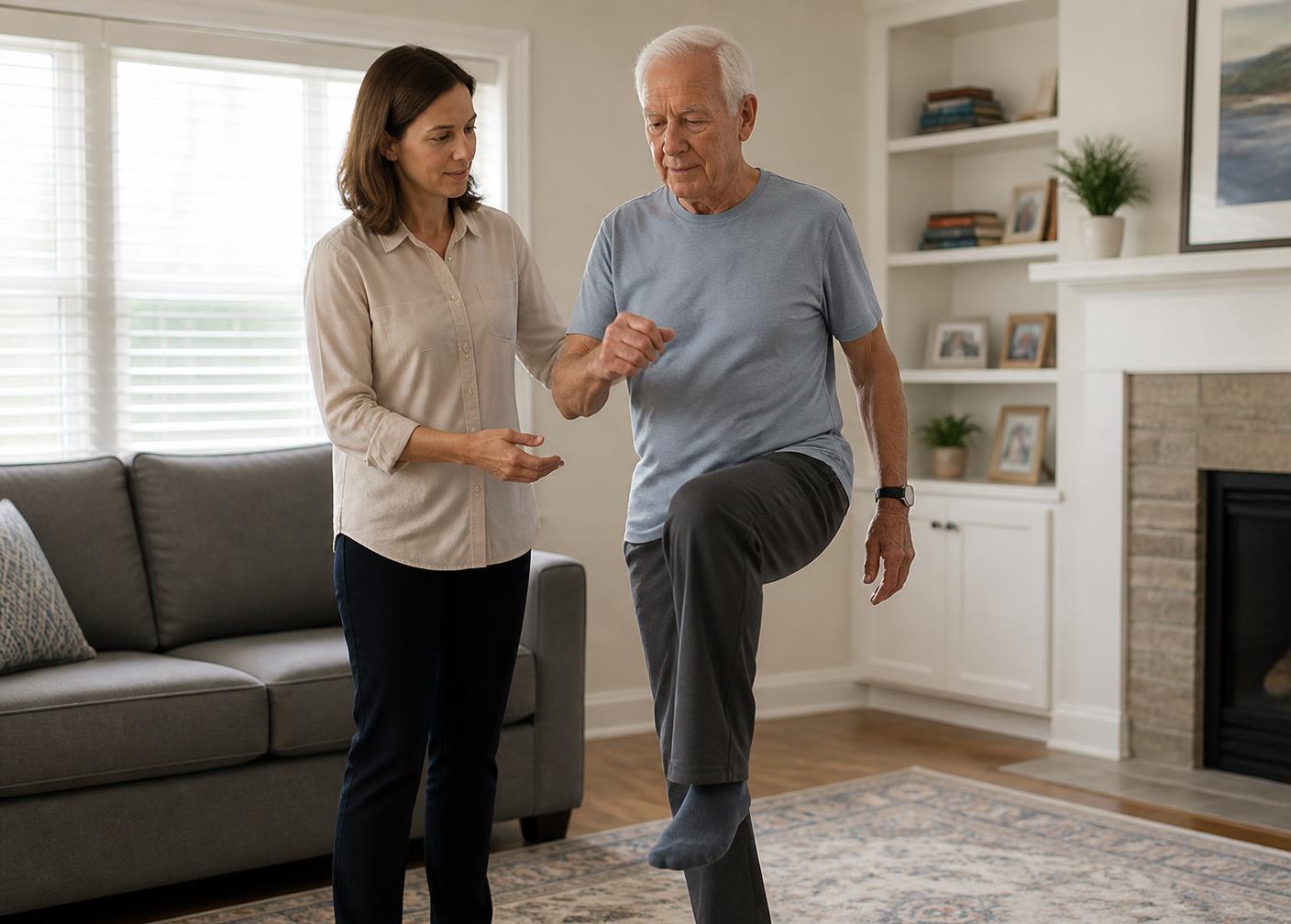 A physical therapist guiding an older man through a standing exercise in his living room